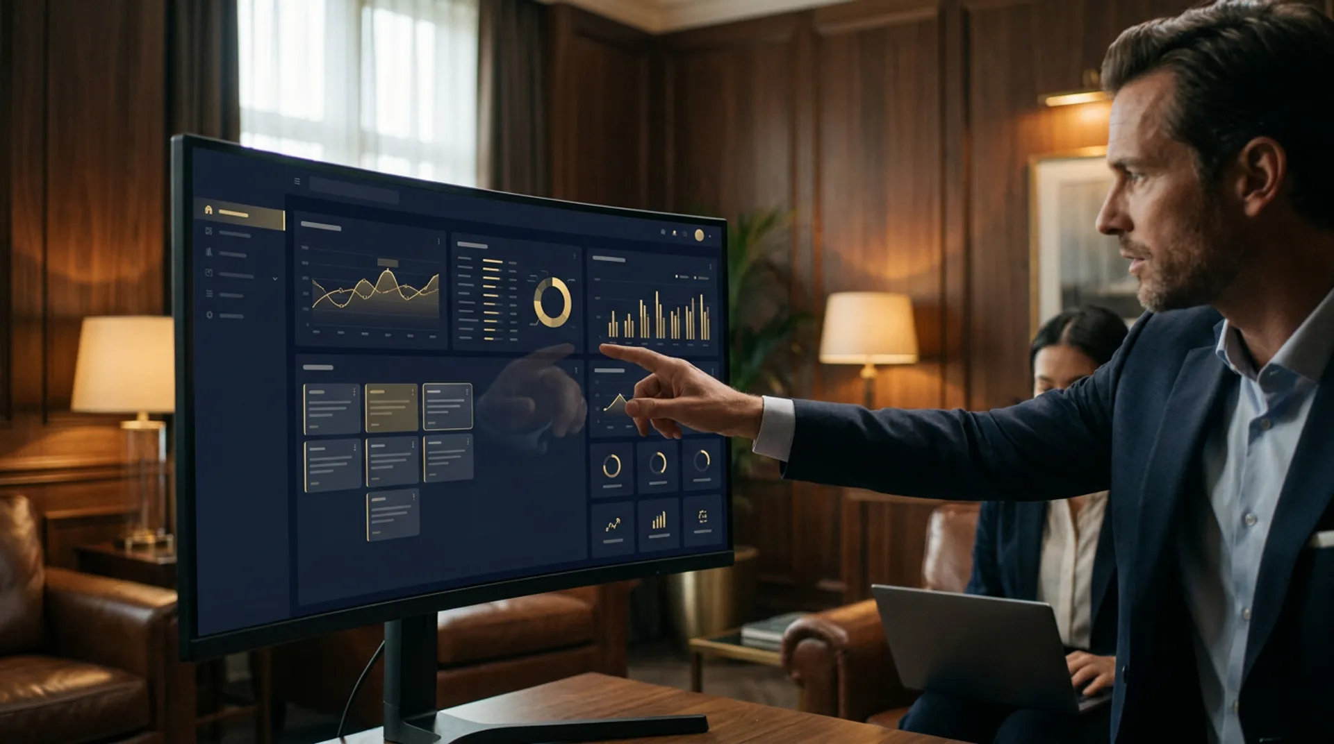 Directivo revisando el cuadro de mando de su empresa en pantalla