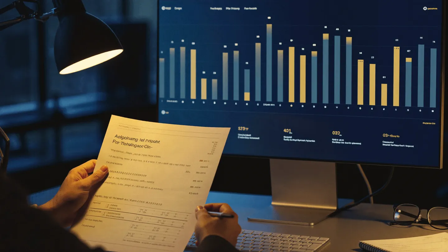 Manos revisando un informe de diagnóstico junto a un panel de métricas