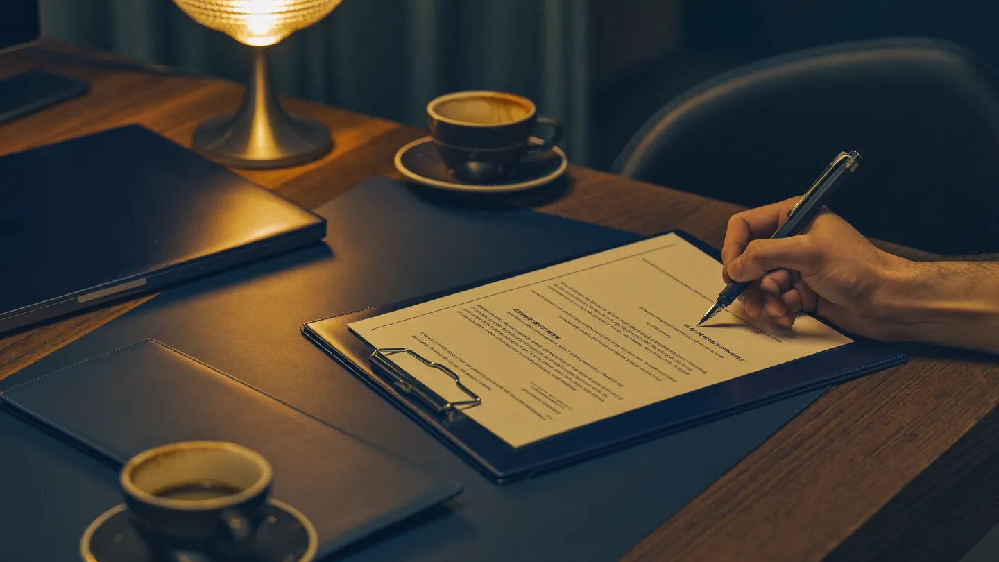 Firma de la propuesta clara sobre la mesa del estudio
