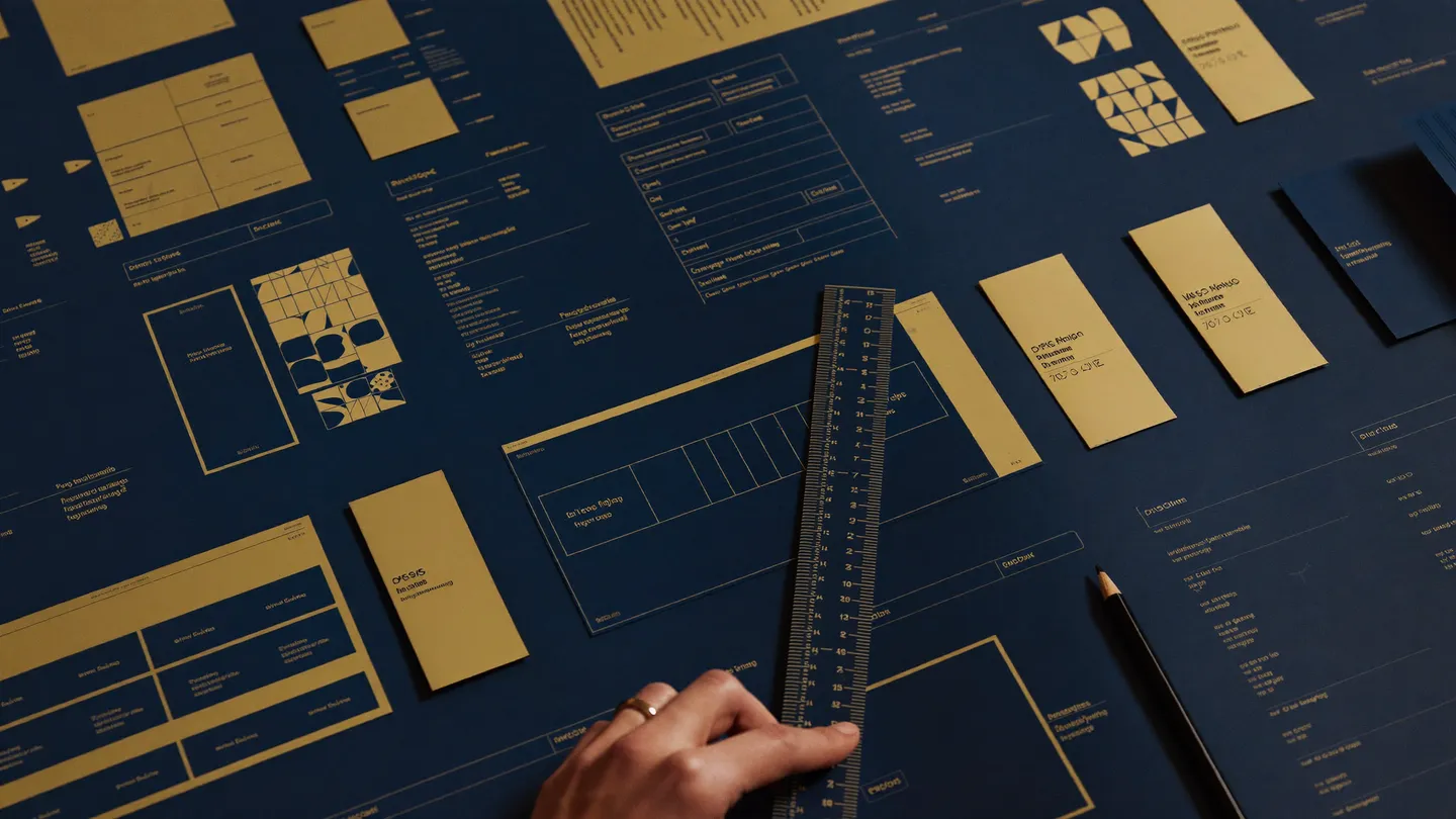 Mesa del estudio con prototipos y muestras de diseño en azul y oro