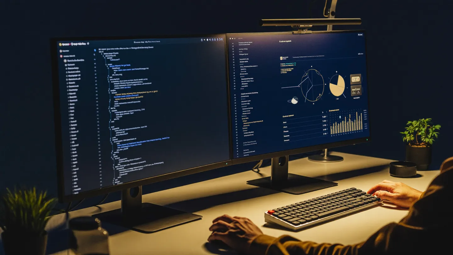 Puesto de desarrollo con el código y el panel de la empresa en dos pantallas