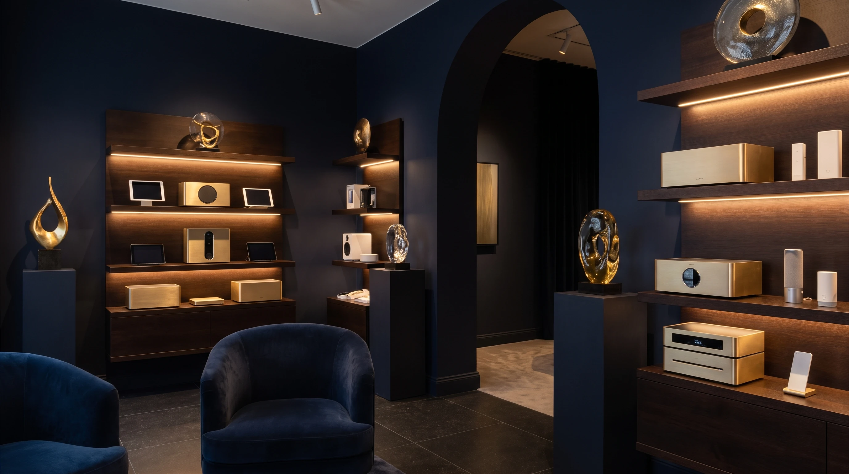 Interior de boutique elegante con vitrinas iluminadas