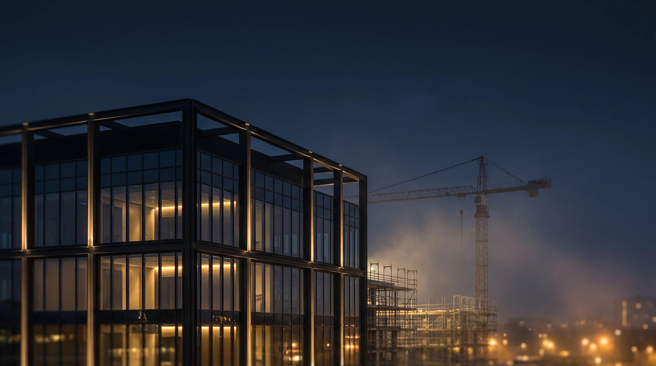 Edificio en construcción con grúas a la hora azul