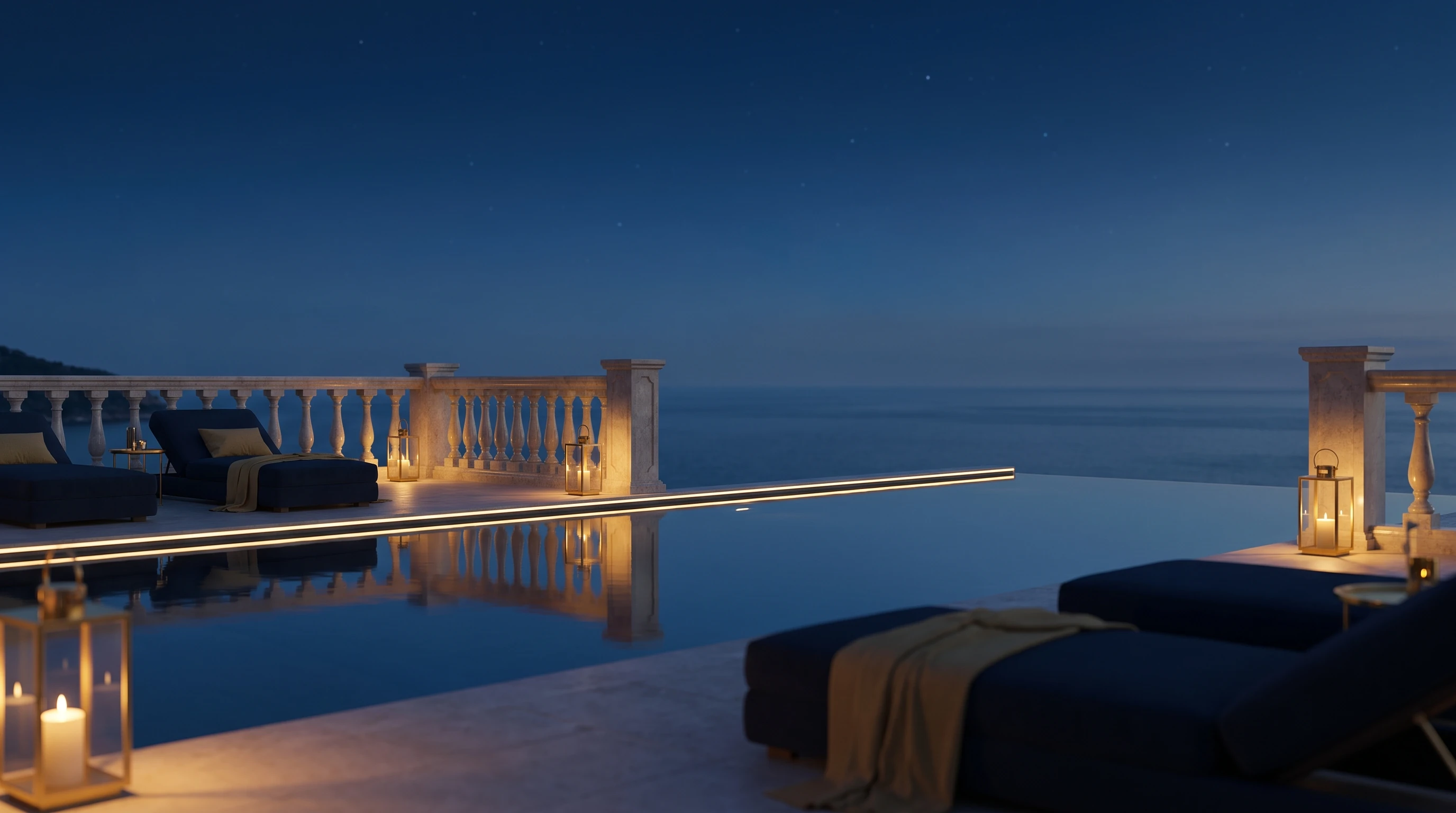 Terraza con piscina infinita de un hotel boutique al atardecer
