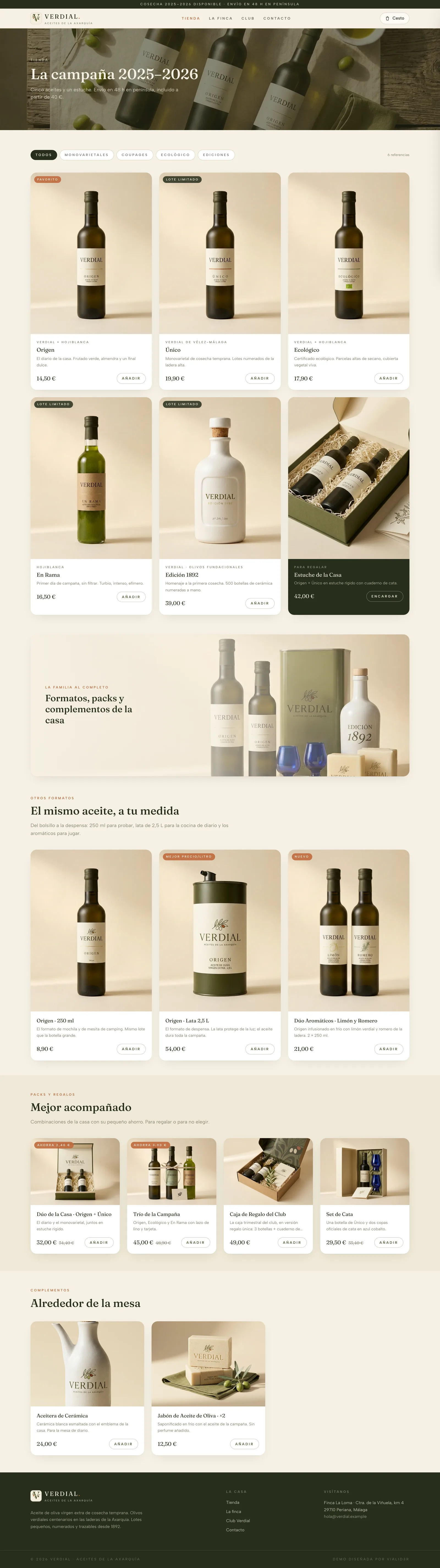 Tienda online de Verdial, marca de aceite de demostración creada por el estudio